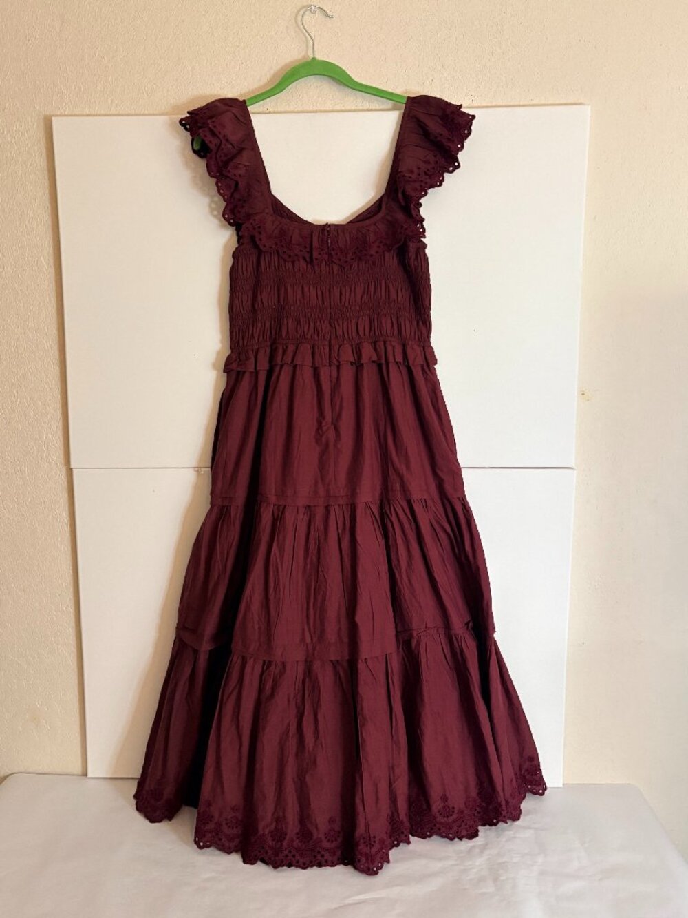 Madewell LUCIE Embroidered Tiered Ruffled Midi Dress Cotton Mulberry Ruched Sz 4